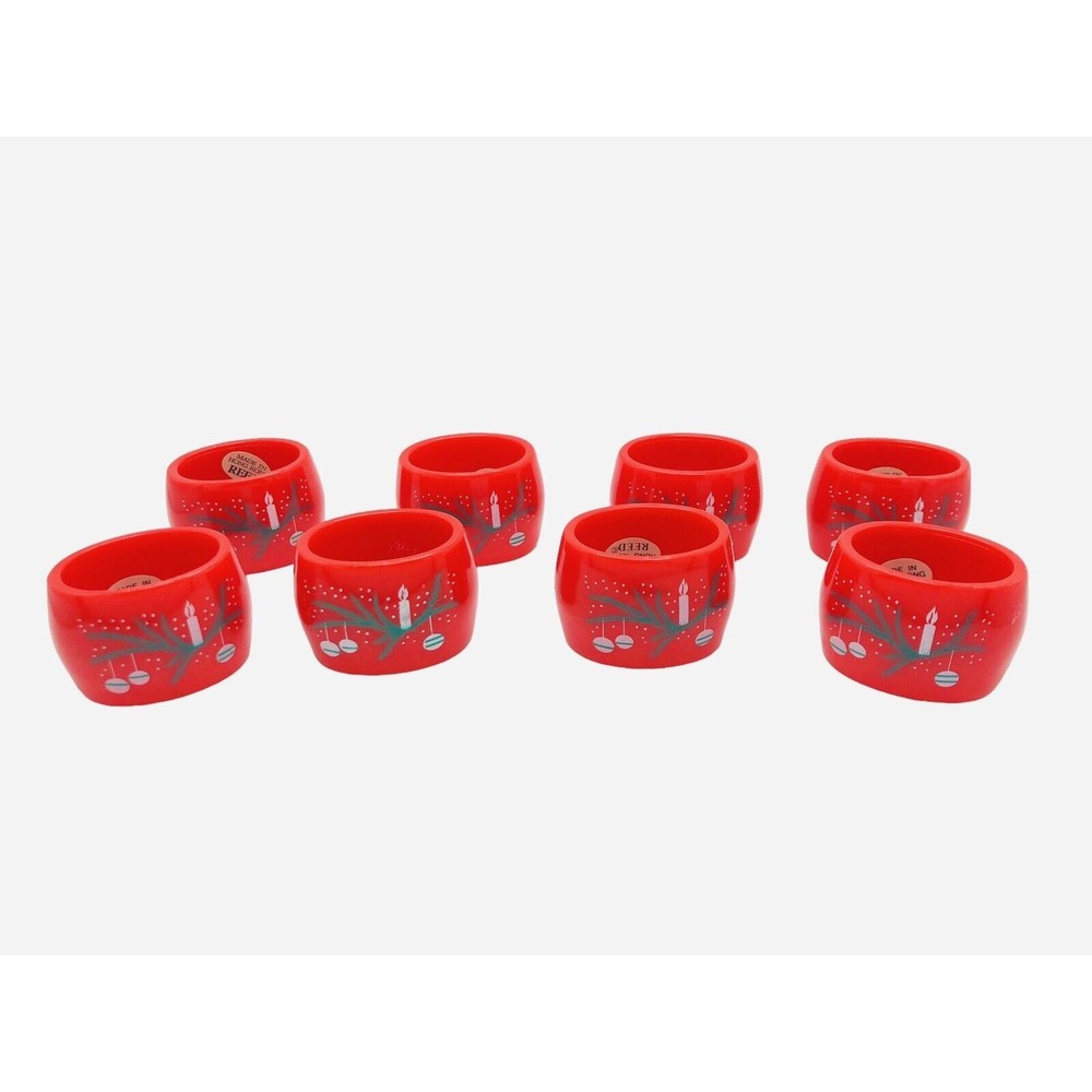 8 Vintage Christmas Napkin Rings by Reed Acrylic Red Holiday Decor Ornament Snow